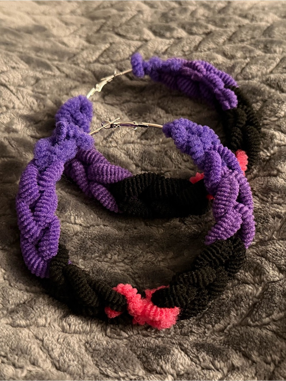 Purple and Black Twisted Hoop Earrings with Pink Accent